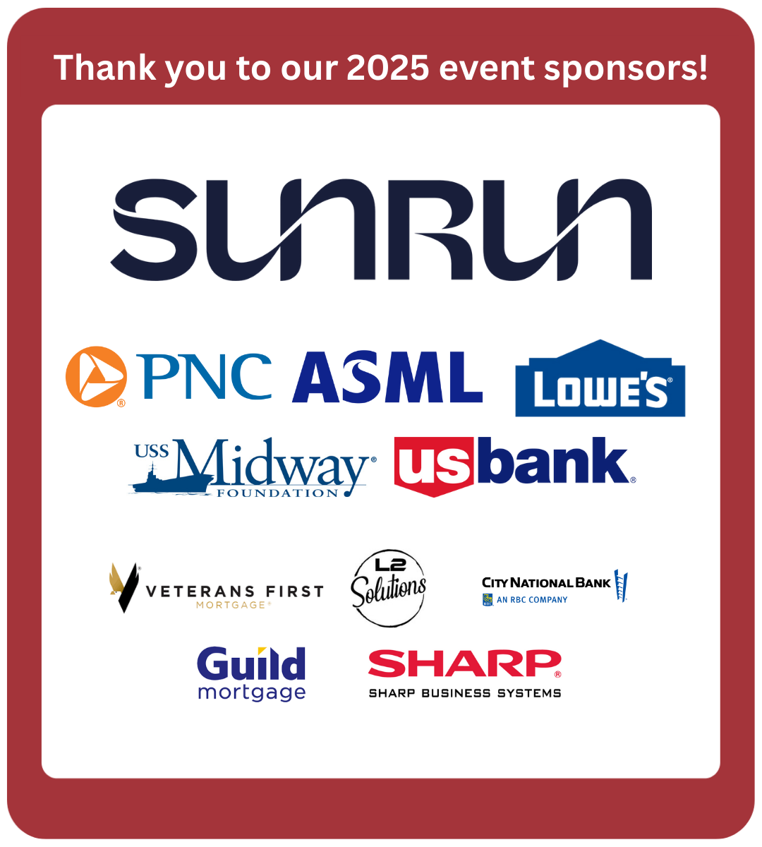 Veterans Build 2025 event sponsor logos: [Large] Sunrun, [Medium] PNC, ASML, Lowe's, USS Midway, US Bank, [Small] Veterans First, L2 Solutions, City National Bank, Guild Mortgage, Sharp Business Systems
